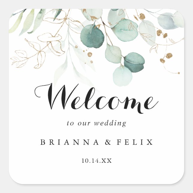 Sticker Carré Rustique Eucalyptus Gold Floral Mariage Bienvenue (Devant)