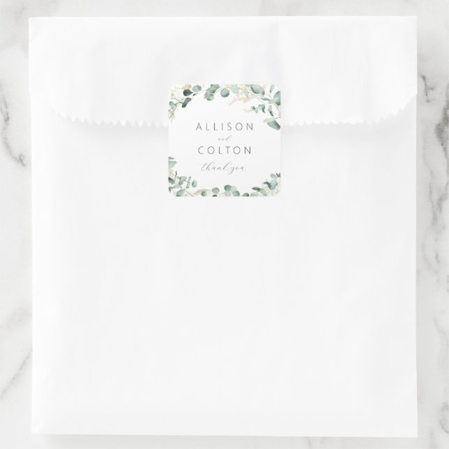 Sticker Carré Rustique eucalyptus vert jardin boho mariage faveu (Sac)
