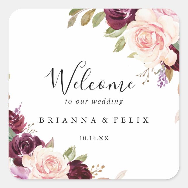 Sticker Carré Rustique Floral Botanique Foliage Mariage Bienvenu (Devant)