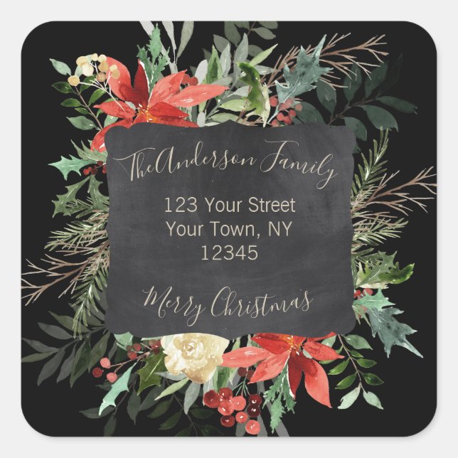 Sticker Carré Rustique Floral Vert Noir Joyeux Noël Adresse (Devant)