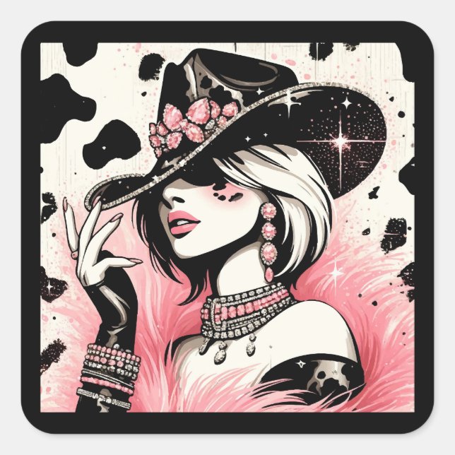 Sticker Carré Rustique Glam Cowgirl rose étincelante Cowhide Ann (Devant)