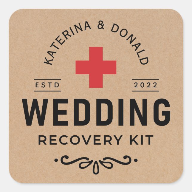 Sticker Carré Rustique Kraft Mariage Hangover Kit de récupératio (Devant)