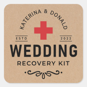 Sticker Carré Rustique Kraft Mariage Hangover Kit de récupératio