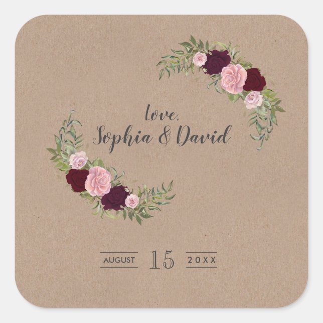Sticker Carré Rustique Marsala Floral Mariage de papier d'artisa (Devant)