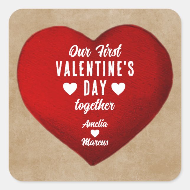 Sticker Carré Rustique Notre première Saint Valentin Ensemble Co (Devant)