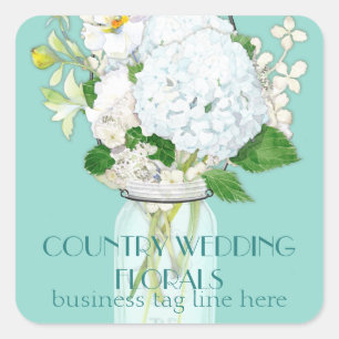 Sticker Carré Rustique Pays Mason Fleurs Jar Blanches Hydrangeas