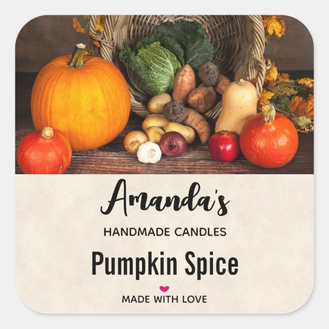 Sticker Carré Rustique Thanksgiving Table Citrouille bougie Biz (Devant)