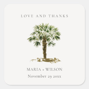 Sticker Carré Rustique Tropical Beach Palm Tree Mariage Merci