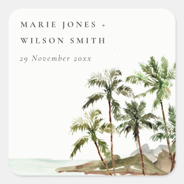 Sticker Carré Rustique Tropical Palm Trees Beach Sand Mariage (Devant)