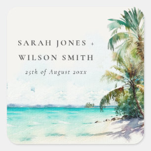 Sticker Carré Sable Tropical Beach Aquarelle Palm Trees Mariage