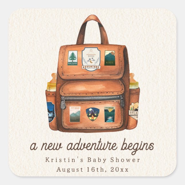 Sticker Carré Sac à dos aventure + Bouteilles Baby shower bois (Devant)