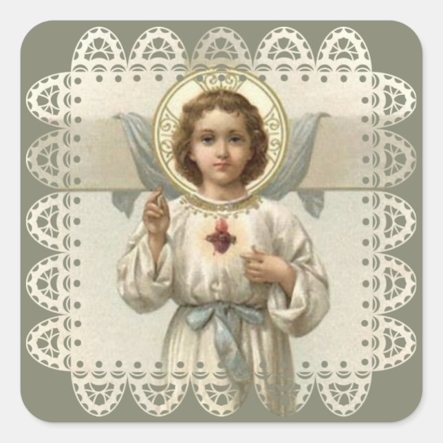 Sticker Carré Sacré Coeur de l'Enfant Jésus avec Croix (Devant)