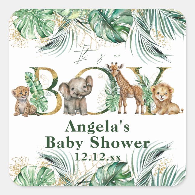 Sticker Carré Safari Animal Jungle Vert & Gold garçon Baby showe (Devant)