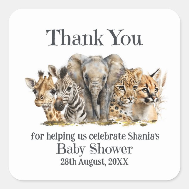 Sticker Carré Safari Animaux Baby shower Merci (Devant)