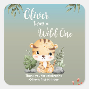 Sticker Carré Safari Animaux Sauvages Tigre Mignon 1er Anniversa