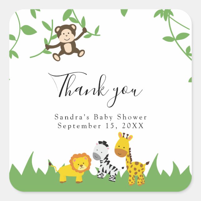 Sticker Carré Safari Baby shower mignon Jungle Animaux Neutres (Devant)