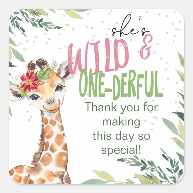 Sticker Carré Safari Giraffe Rose Wild Un 1er anniversaire (Devant)