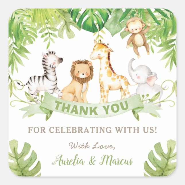 Sticker Carré Safari Jungle Animaux Baby shower Boy Green Forest (Devant)