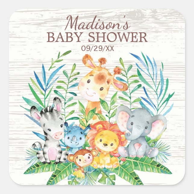 Sticker Carré Safari Jungle Animaux Baby shower Favoriser Sticke (Devant)