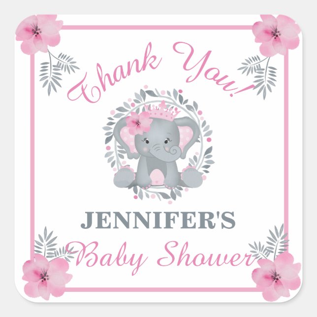 Sticker Carré Safari sauvage Baby shower rose floral éléphant (Devant)
