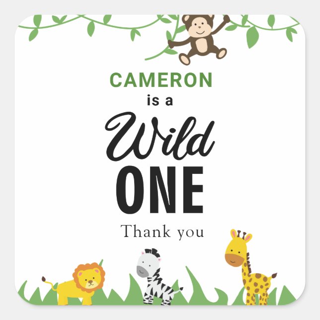 Sticker Carré Safari Wild One 1er Anniversaire Cute Kawaii (Devant)