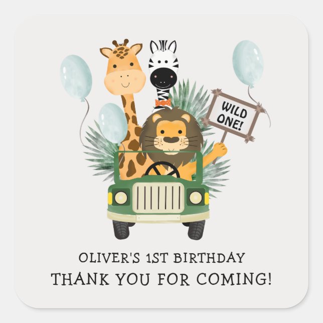 Sticker Carré Safari Wild One 1er anniversaire Merci (Devant)