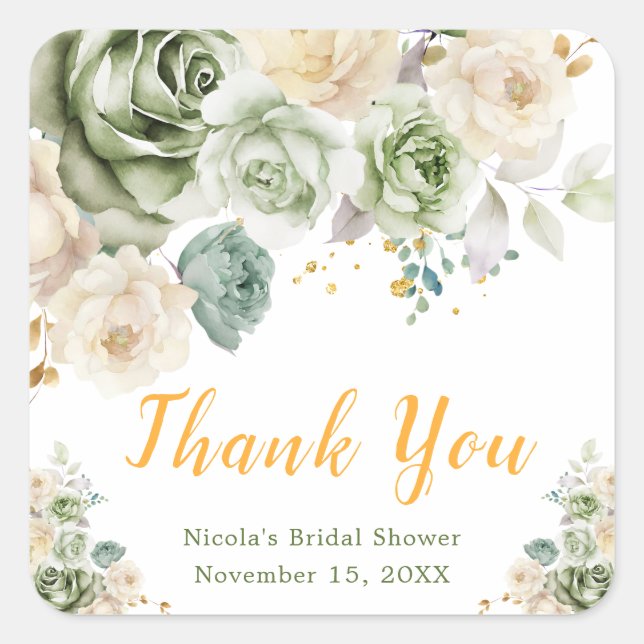 Sticker Carré Sage Green and Cream Floral Bridal Shower (Devant)