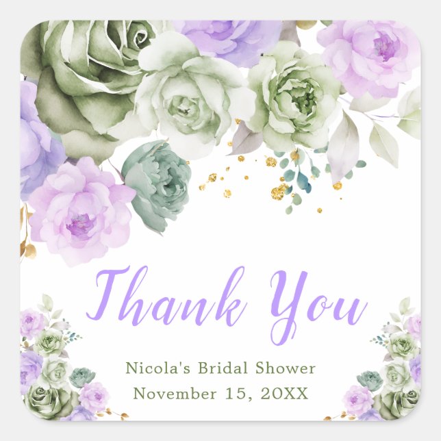 Sticker Carré Sage Green and Purple Floral Bridal Shower (Devant)