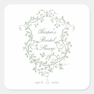 Sticker Carré Sage Green Élégant French Victorian Baby Shower