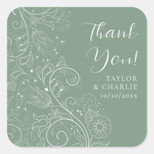 Sticker Carré Sage Green Élégant Mariage Floral Merci