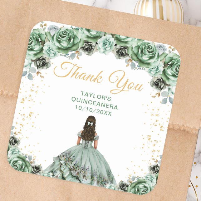 Sticker Carré Sage Green Princess Quinceañera Thank You (Créateur téléchargé)
