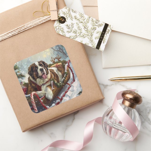 Sticker Carré Saint Bernard Chien Festif de Noël (Cadeaux)