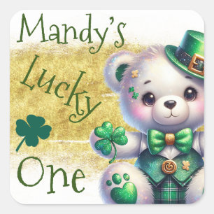 Sticker Carré Saint Patrick’s Day Ours vert Anniversaire Lucky O