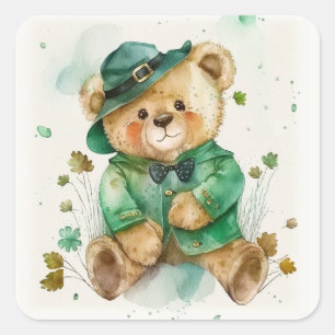 Sticker Carré Saint Patrick's Day Irlandais Teddy Bear