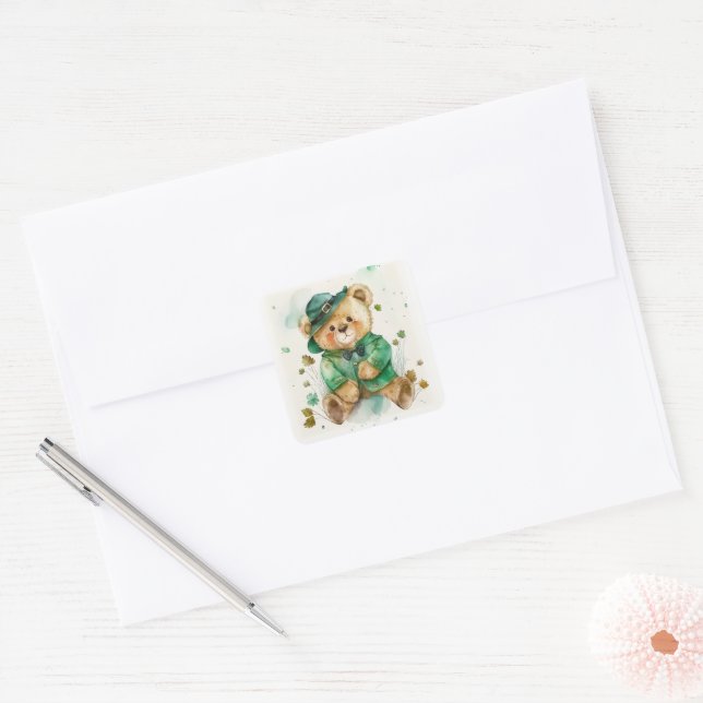 Sticker Carré Saint Patrick's Day Irlandais Teddy Bear (Enveloppe)