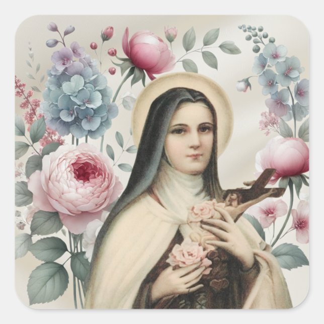 Sticker Carré Saint-Thérèse de Lisieux Roses religieux (Devant)