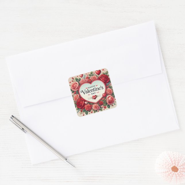 Sticker Carré Saint Valentin Design avec Roses et Coeurs (Enveloppe)