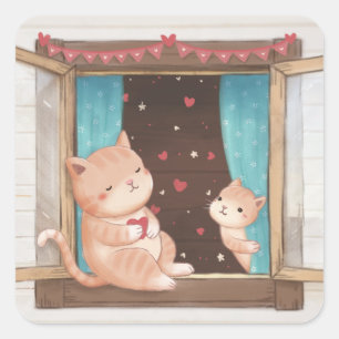 Sticker Carré Saint-Valentin : Illustration des chats et des coe