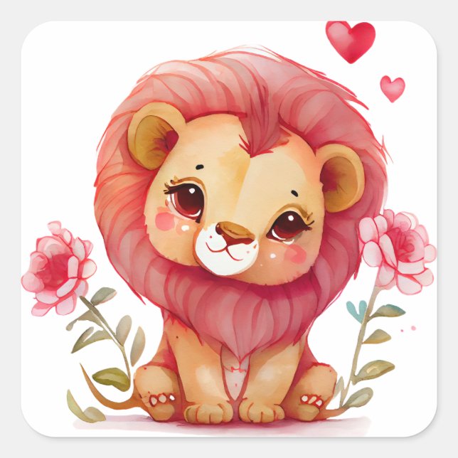 Sticker Carré Saint-Valentin Lion Mignon (Devant)