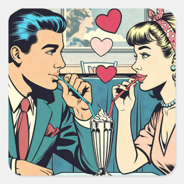 Sticker Carré Saint-Valentin | Milkshakes Retro Couple Boire (Devant)