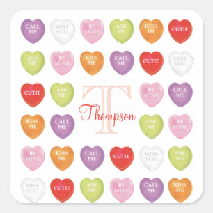 Sticker Carré Saint Valentin Monogramme mignon Coeur bonbon Thro