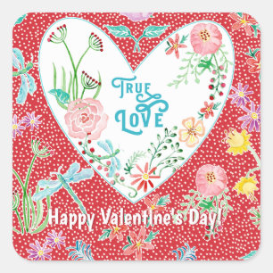Sticker Carré Saint Valentin Véritable Amour Coeurs et Fleurs