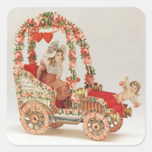 Sticker Carré Saint-Valentin victorien vintage, voiture aux fleu