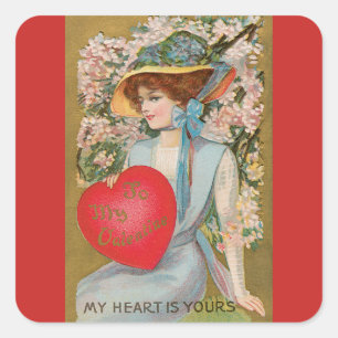 Sticker Carré Saint-Valentin vintage, Dame victorienne avec cœur