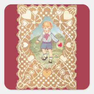Sticker Carré Saint Valentin vintage, mignonne garçon dans le pr