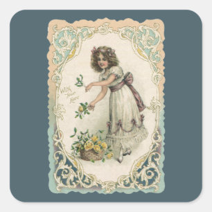 Sticker Carré Saint Valentin vintage, Victorian Girl with Rose