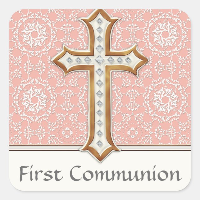 Sticker Carré Sainte Première Communion Gold Croix de dentelle (Devant)
