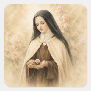 Sticker Carré Sainte Thérèse de Lisieux Aquarelle Rose Catholiqu