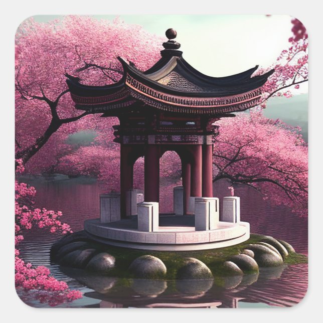 Sticker Carré Sakura Cherry Blossom Garden Shrine Pond Japonais (Devant)