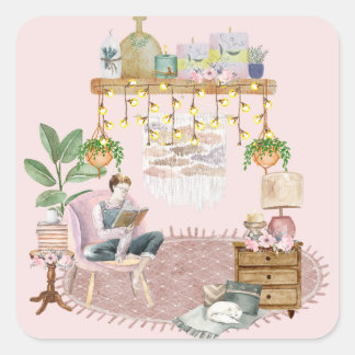 Sticker Carré Salon de lecture bohème